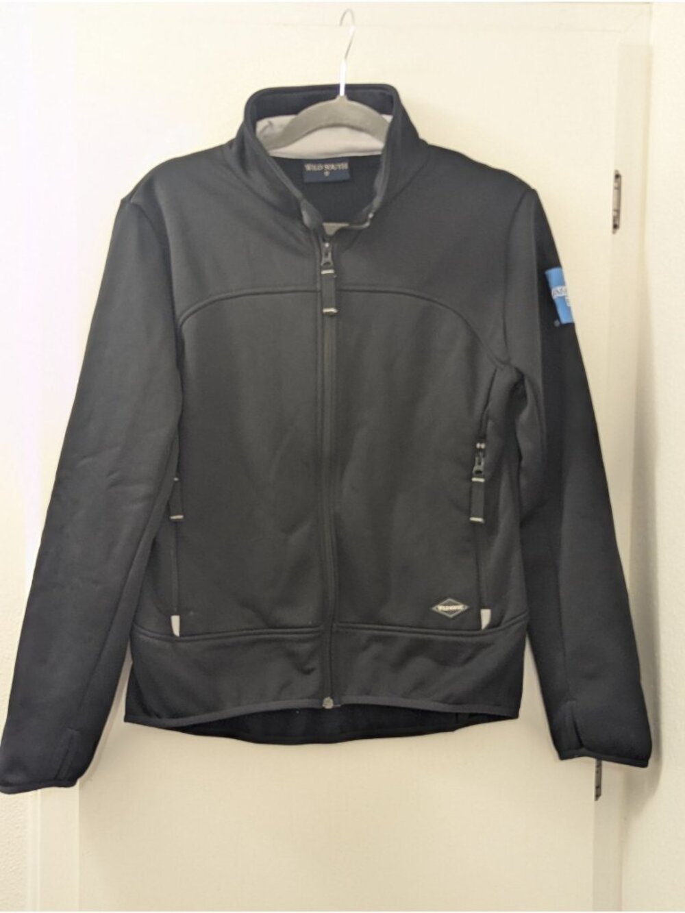 Wild South Black Scuba Zip-Up Jacket With American Express Patch Size 12